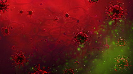 Red background with green cells and red colored virus shapes 