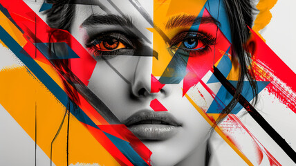 Woman with Geometric Figures.  Generated Image.  A digital illustration of a monochrome face of a woman in composition with geometric figures of bright colors.  Abstract surrealistic collage.