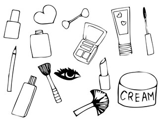 Women's accessories, cosmetic bag, hand drawn in black and white style with simple lines. Vector illustration on a white background with isolated objects.