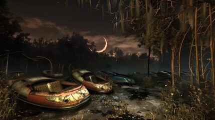 Decaying Bumper Cars Entangled with Creeping Ivy and Weeds under the Crescent Moon s Ethereal Glow - 797904708