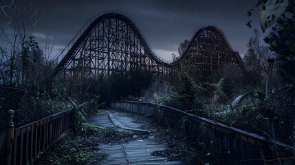 Forgotten Rollercoaster Looming in the Eerie Night Sky Amidst Overgrown Wilderness Landscape