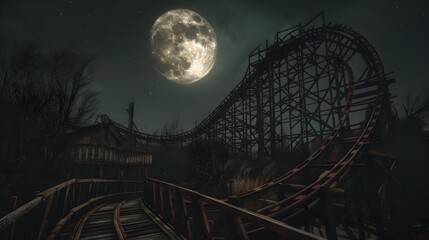 Haunting Moonlit Shadows Cast Over Abandoned Roller Coaster s Twisted Tangled Tracks - 797904743