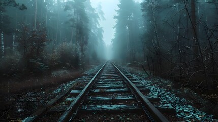 Haunted Railway Journey Through Misty Forest Backdrop