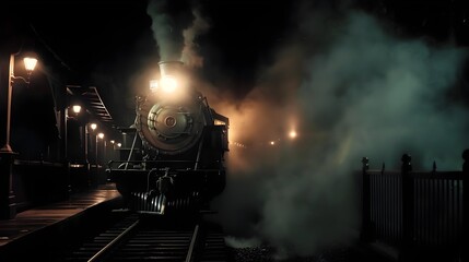 Phantom like Vintage Train Emerging from the Shadows in the Night - 797904750