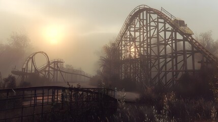 Ghostly Wooden Coaster Shrouded in Misty Atmosphere at Abandoned Amusement Park - 797904752