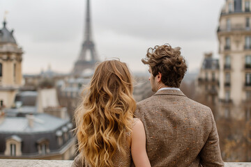 A couple is standing on a balcony overlooking the city of Paris