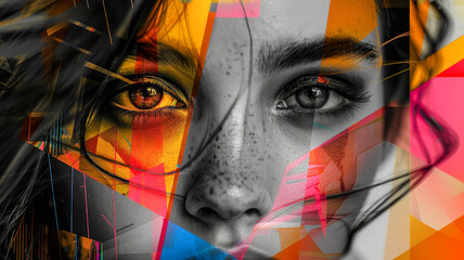 Woman with Geometric Figures.  Generated Image.  A digital illustration of a monochrome face of a woman in composition with geometric figures of bright colors.  Abstract surrealistic collage.