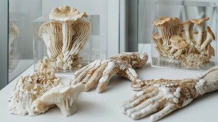 Mycelium Fiber Gloves Showcase Sustainable Fashion on White Surfac