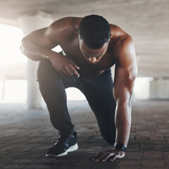 Obraz premium Exercise, parking lot and man with fitness, workout and training on concrete with power. Health, wellness and outdoor with lens flare of an athlete with break and sweating in lunge on the ground