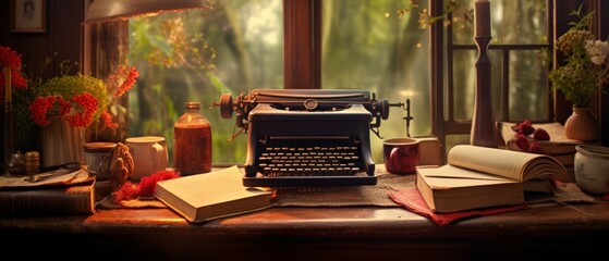 A vintage typewriter and a stack of manuscripts on a desk, with a cozy, book-lined writer’s study in the background,