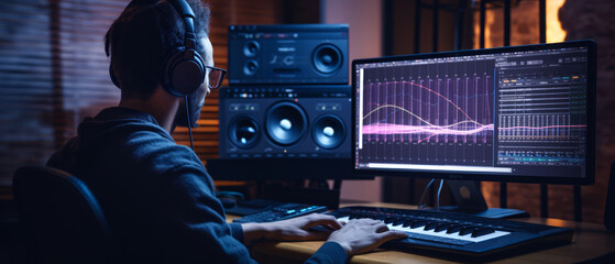 Music producer analyzing waveforms on a computer screen while recording in a studio setup, - obrazy, fototapety, plakaty