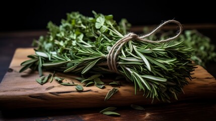 Organic fresh sage, thyme, and rosemary herbs, tied together, aromatic kitchen staples,