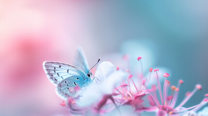 Butterfly on Flower with Dreamy Pastel Bokeh Background
