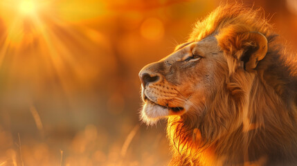 Profile of a male lion basking in warm sunlight

