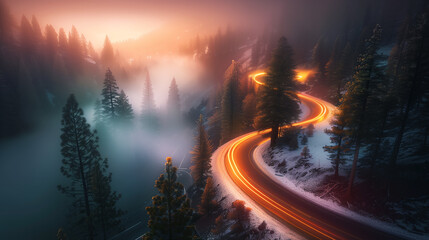 Misty Mountain Road with Illuminated Car Trails at Dusk
