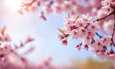 sakura flowers of pink color on sunny backdrop. Beautiful nature spring background with a branch of blooming sakura. Sakura blossoming season in Japan