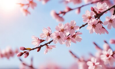sakura flowers of pink color on sunny backdrop. Beautiful nature spring background with a branch of blooming sakura. Sakura blossoming season in Japan