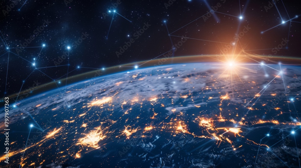 Aufkleber Communication technology for internet business. Global world network and telecommunication on earth cryptocurrency and blockchain and IoT
