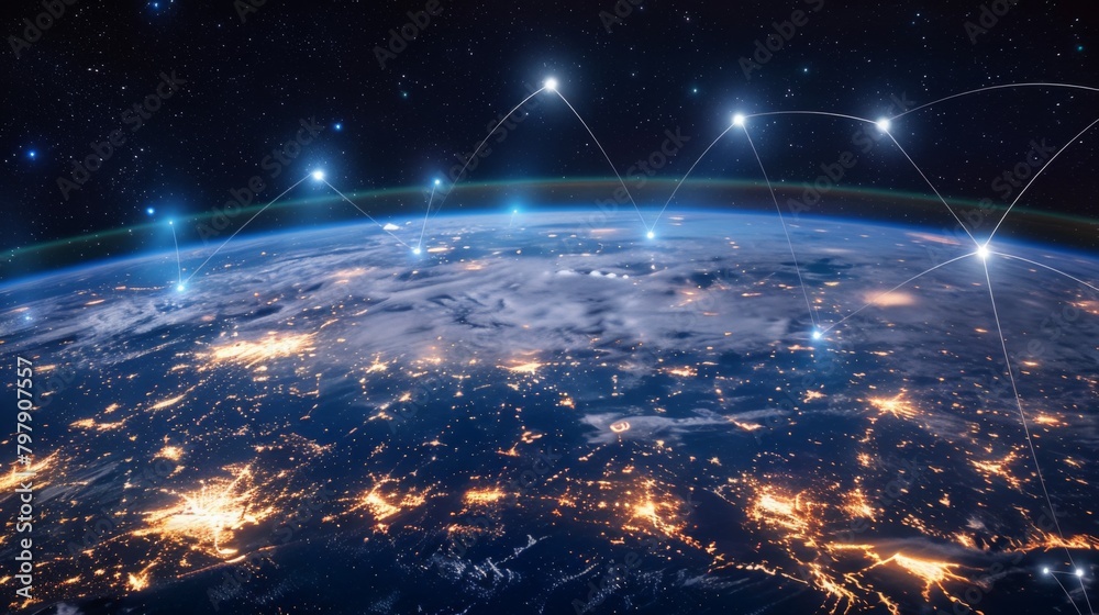 Aufkleber Communication technology for internet business. Global world network and telecommunication on earth cryptocurrency and blockchain and IoT