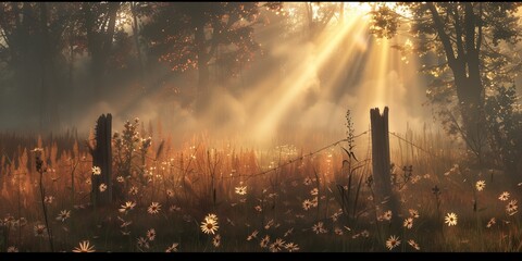 Sunbeams shining through the fog on an autumn meadow.