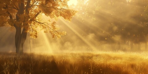 Sunbeams shining through the fog on an autumn meadow, golden hour, misty.