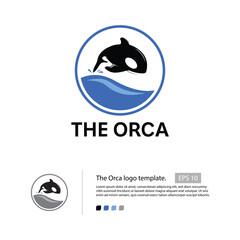 The orca logo template with a simple flat orca vector, flat water wave, and a small splash in the tail. that suitable for your oceanarium logo.