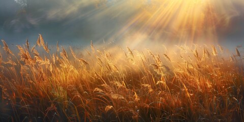 The rays of the sun breaking through the fog and shining on tall grass in an autumn meadow.