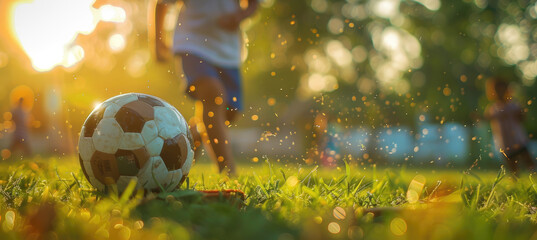 Children play sports on the green grass field. A boy runs with a soccer ball closeup