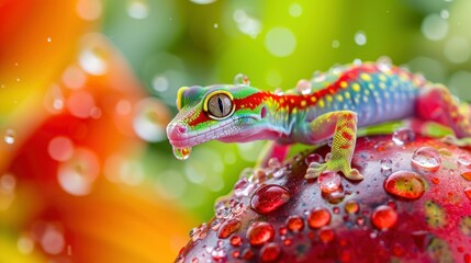 A colorful gecko with its eyes open, sitting on the edge of an exotic fruit in a tropical rain forest in a closeup shot.