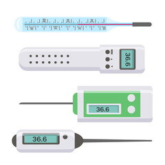 PNG, Electronic thermometers, infrared, liquid, measuring body temperature, food, environment. Set of medical thermometers for hospital during coronavirus. Health and diseases concept. Vector illustra