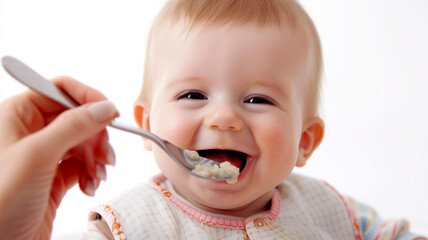 Mother feeding smiling baby milk porridge from spoon