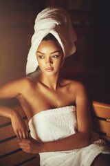 Woman, relax and hotel spa sauna with towel for self care, hospitality and skincare or beauty....