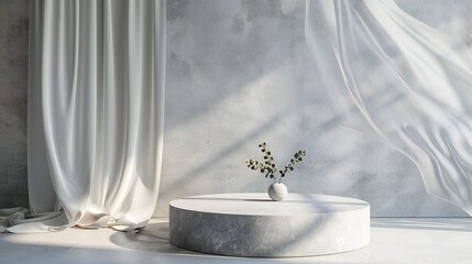 Luxe Stone Display Podium: Elegant Gray Backdrop with Flowing White Cloth for Premium Cosmetic Presentation