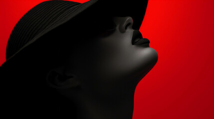 Profile photo of a woman in a black team on a red background in art. - obrazy, fototapety, plakaty