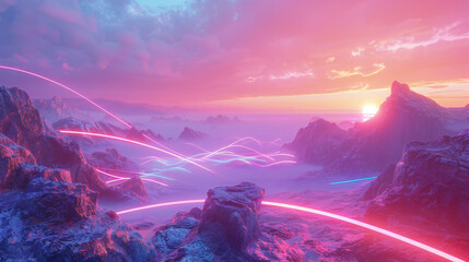 Surreal Fantasy Landscape: Sunset Sky Panorama with 3D Mountains, Glowing Neon Lines, and Abstract...