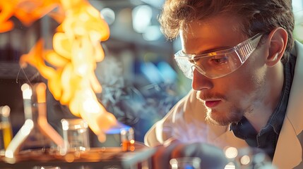 A chemistry student using a Bunsen burner to heat substances in a laboratory flask, demonstrating principles of chemical reactions and thermodynamics. - Powered by Adobe