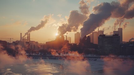 A city skyline with smoke rising from incineration plants, illustrating the urban infrastructure for managing municipal solid waste.