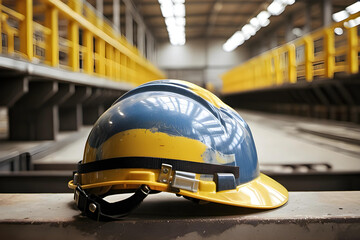 Obraz premium A Yellow protective safety helmet lays on the floor of the warehouse, with wood palettes in the background
