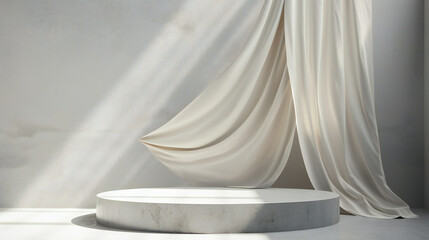 Elegant 3D Stone Podium with Gray Backdrop: Luxurious White Cloth in Motion, Ideal for Beauty and Cosmetic Product Presentations