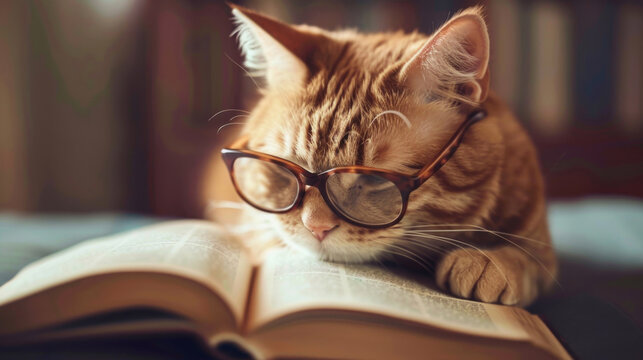 Reading, glasses or book by cat in house for curious, intelligence or expert in kitty knowledge or literature. Pet, eye care or specs for kitten study, education or check library behavior compliance