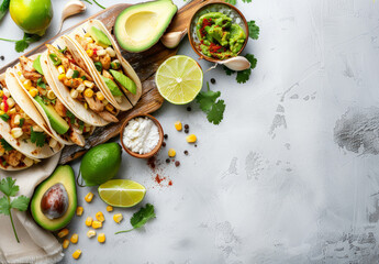 Stylish top view of chicken tacos with corn, avocado and lime on a wooden board - obrazy, fototapety, plakaty