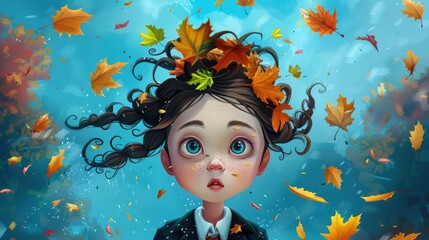 A girl with leaves in her hair, surreal illustration style, dressed in autumn and suit jackets, surrounded by falling leaves of various colors