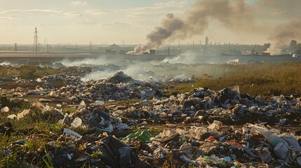 A landfill site with piles of garbage being burned in open-air incinerators, showcasing a common waste management practice in some regions.