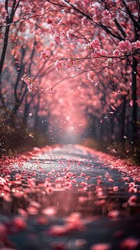 Gentle Rain Falling on Cherry Blossom Pathway, Illuminated by Soft Light and Shallow Depth of Field