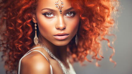 Beautiful, sexy, happy smiling dark-skinned African American woman with perfect skin and red hair, on a silver background, banner.