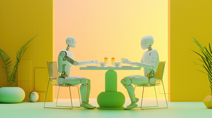 Two robots having a casual conversation at a table against a vibrant yellow and orange backdrop with a potted plant