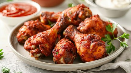 Fototapeta premium A plate of spicy fried chicken drumsticks served with dipping sauce, perfect for sharing with friends at a casual gathering or party