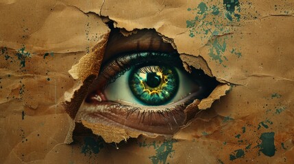 A hole in the wall with an eye peering through, digital art in the style of grunge background, horror theme, vintage color tone, yellow and green iris of human eyes inside the small hole