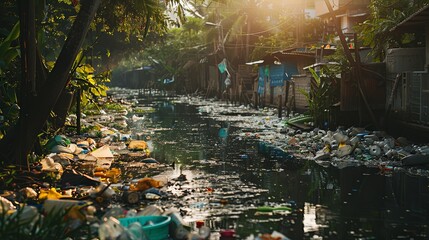 A polluted canal filled with trash and debris, highlighting environmental issues and the need for waterway conservation efforts.