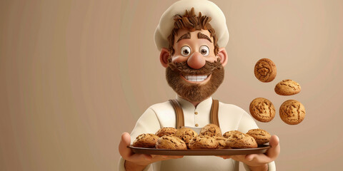 Professional chef presenting freshly baked cookies on a elegant tray against a rich brown backdrop in 3D illustration